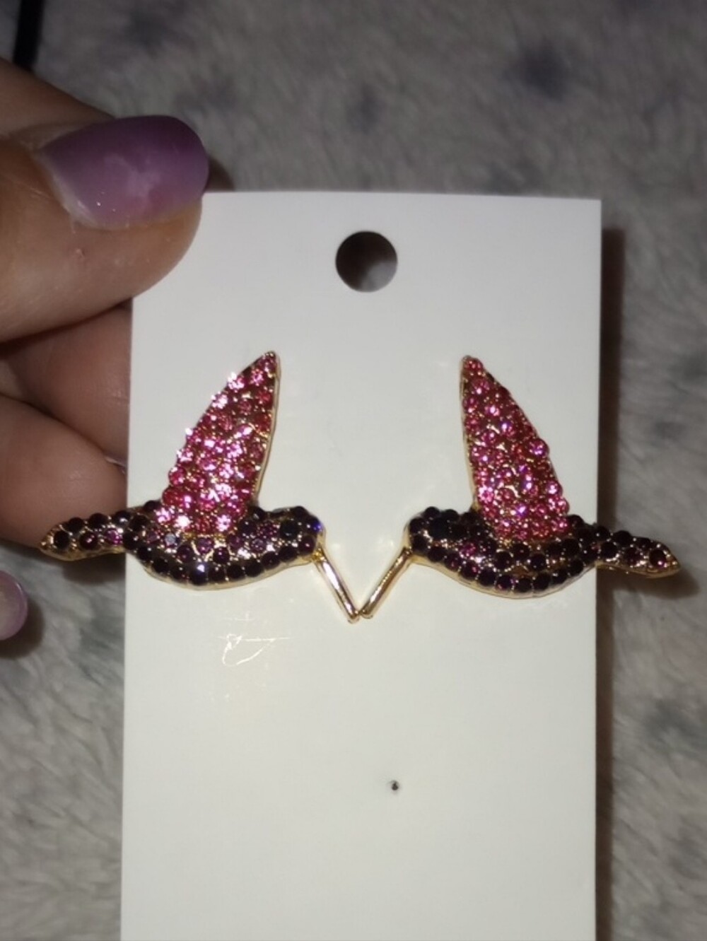 Gold Tone Pink And Purple Crystal Hummingbird Earrings